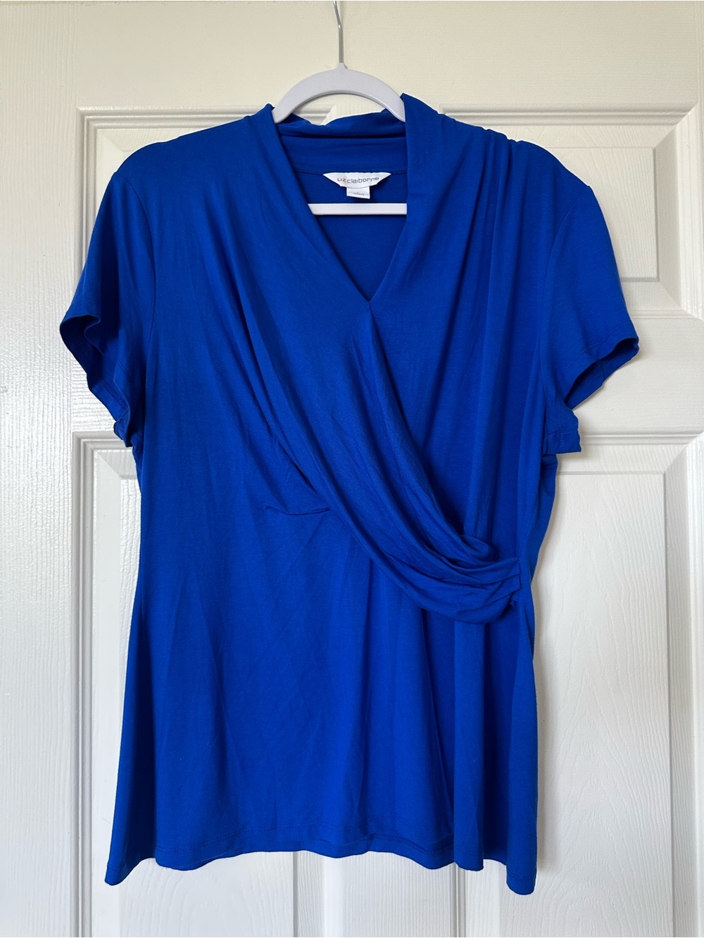 Liz Claiborne Ruched Faux Wrap Short Sleeve Royal Cobalt Blue
